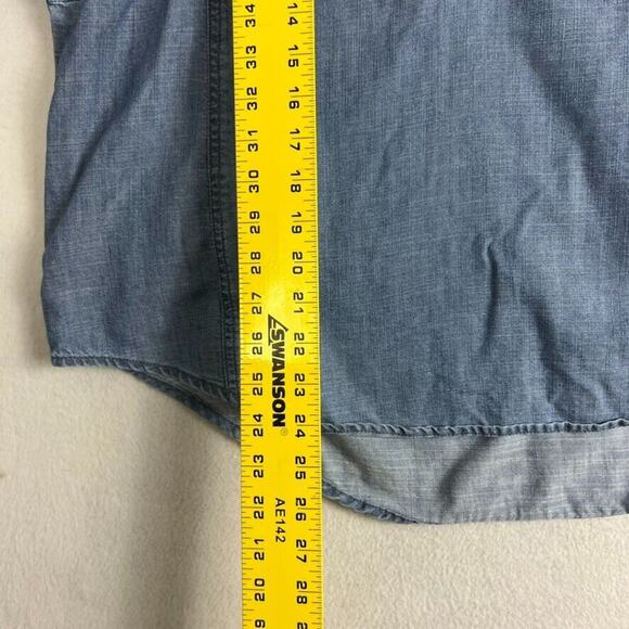 Caslon Blouse Top Womens Large Blue Balloon Sleeve Chambray Half Button Cottage - Picture 8 of 8